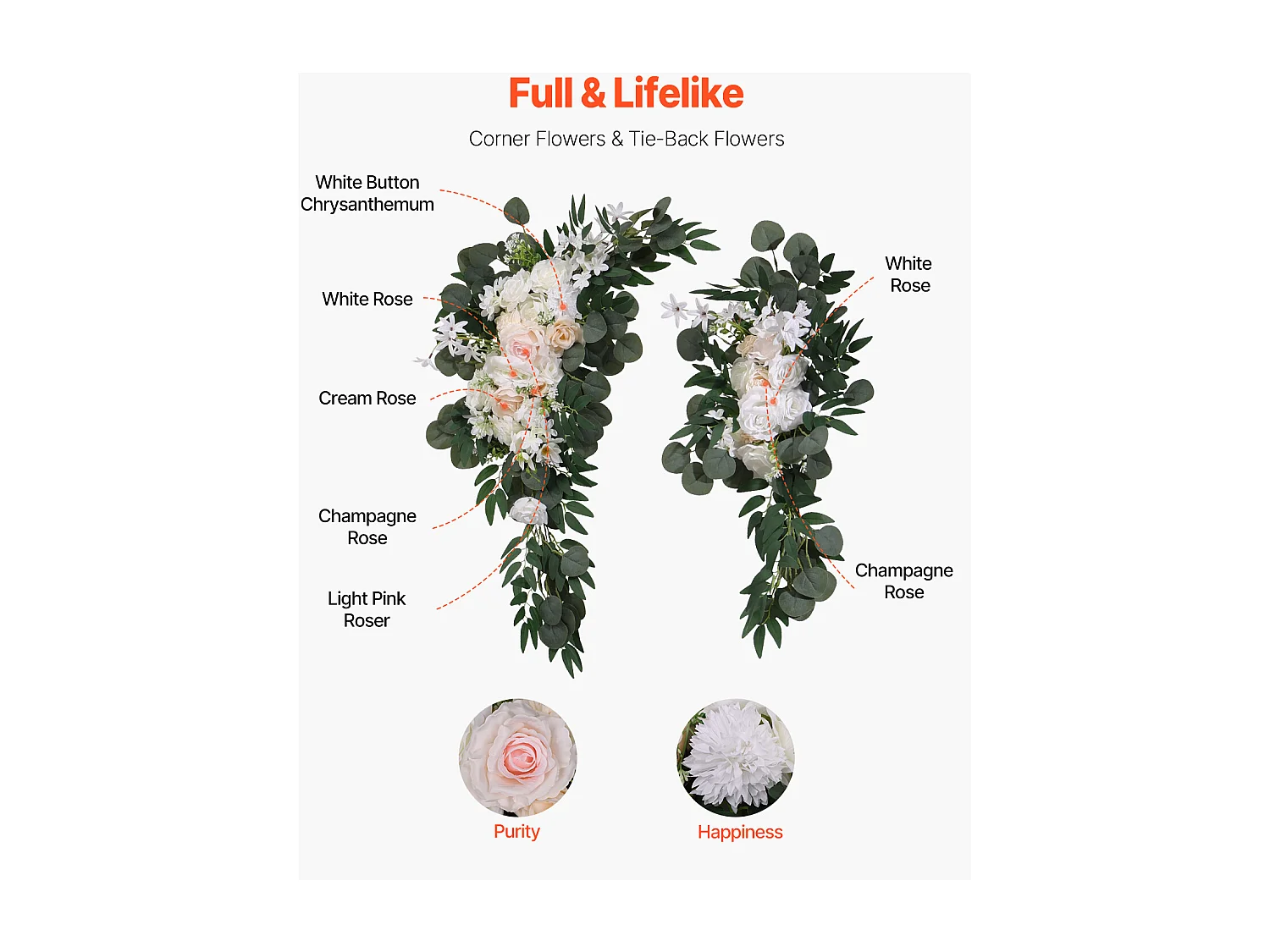 Arco de Boda SucceBuy Kit de Flores Artificiales para Arco de Boda, Blanco, 2 Flores y 2 Cortinas