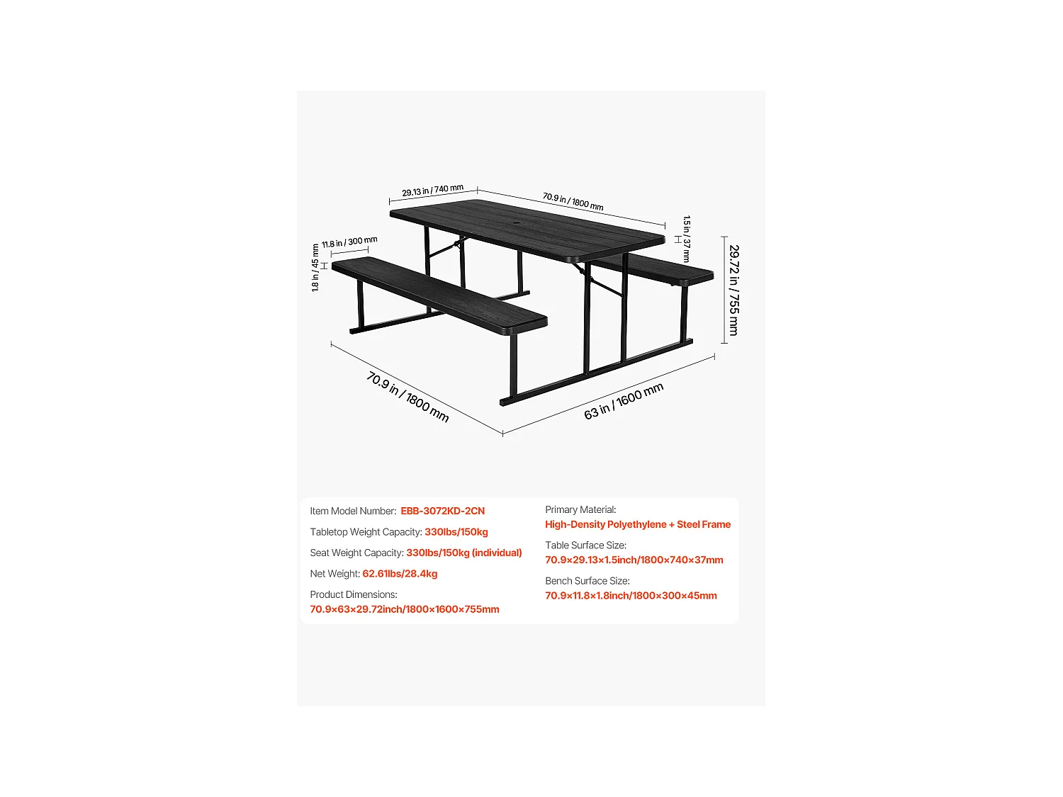 Table de Pique-Nique, SucceBuy Table de Pique-Nique Pliable en Acier 1800 mm avec Bancs pour Jardin et Patio