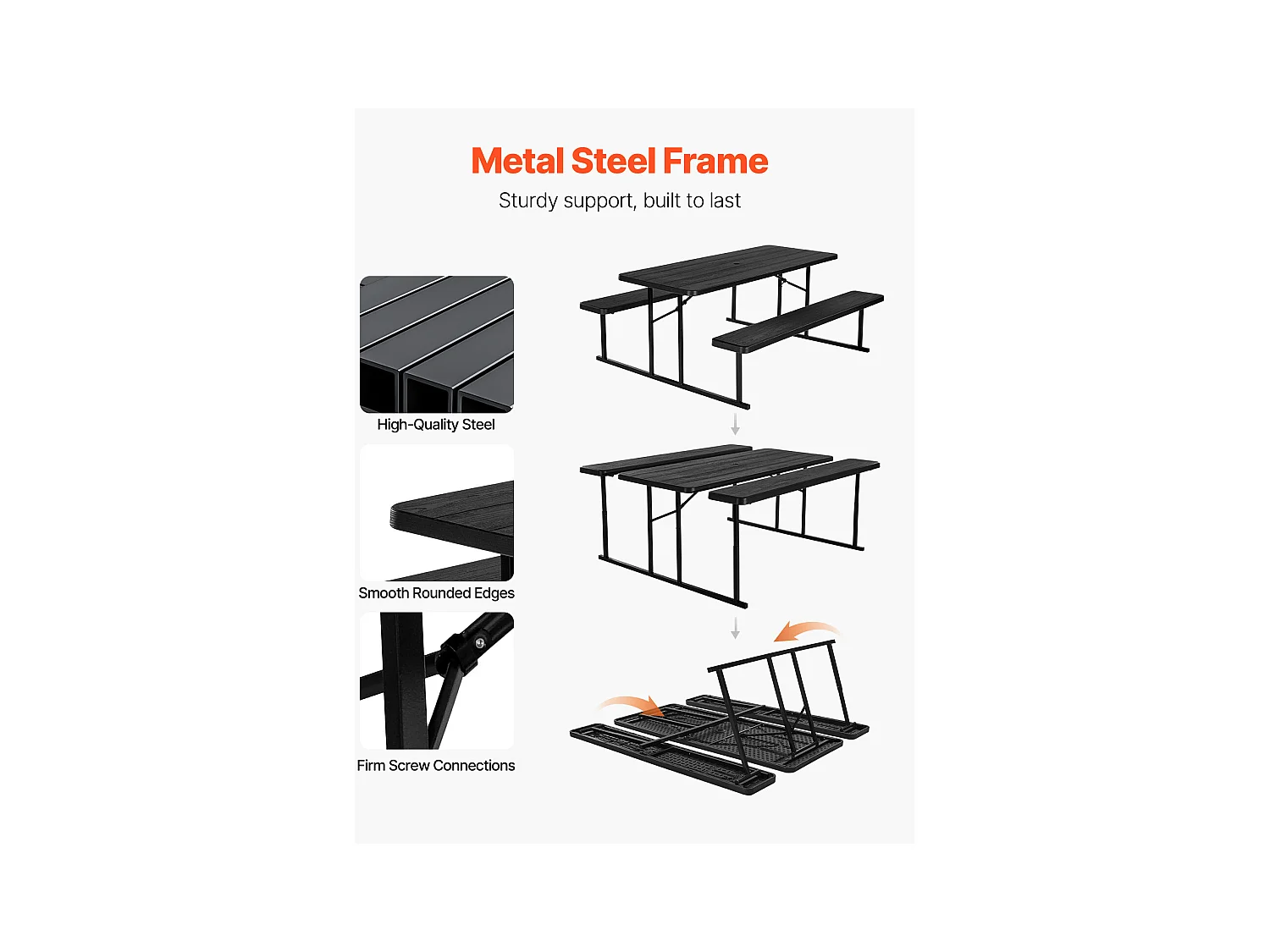 Table de Pique-Nique, SucceBuy Table de Pique-Nique Pliable en Acier 1800 mm avec Bancs pour Jardin et Patio