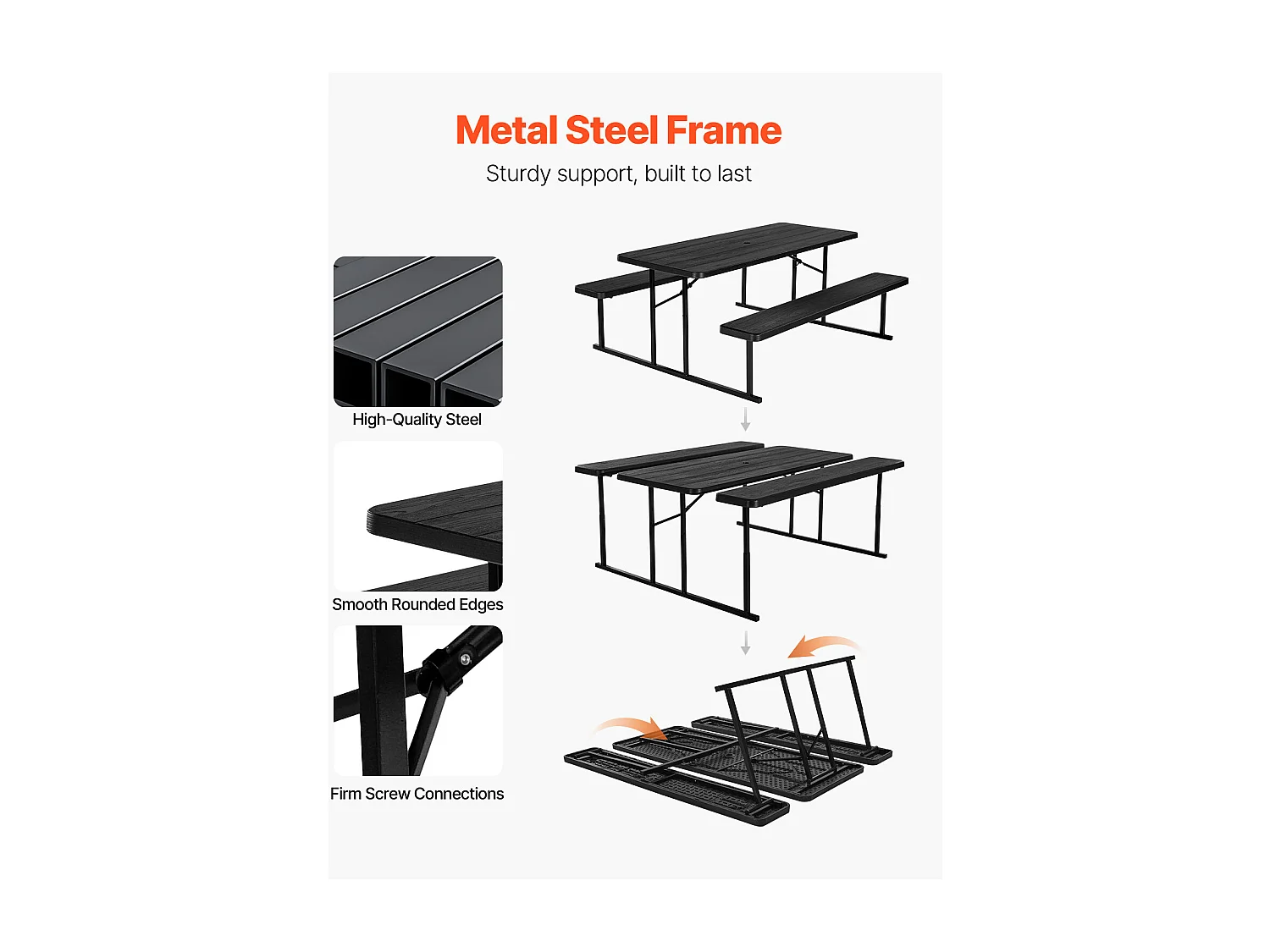 Picknicktafel, SucceBuy 1800 mm Stalen Opvouwbare Picknicktafel met Banken voor Tuin en Patio