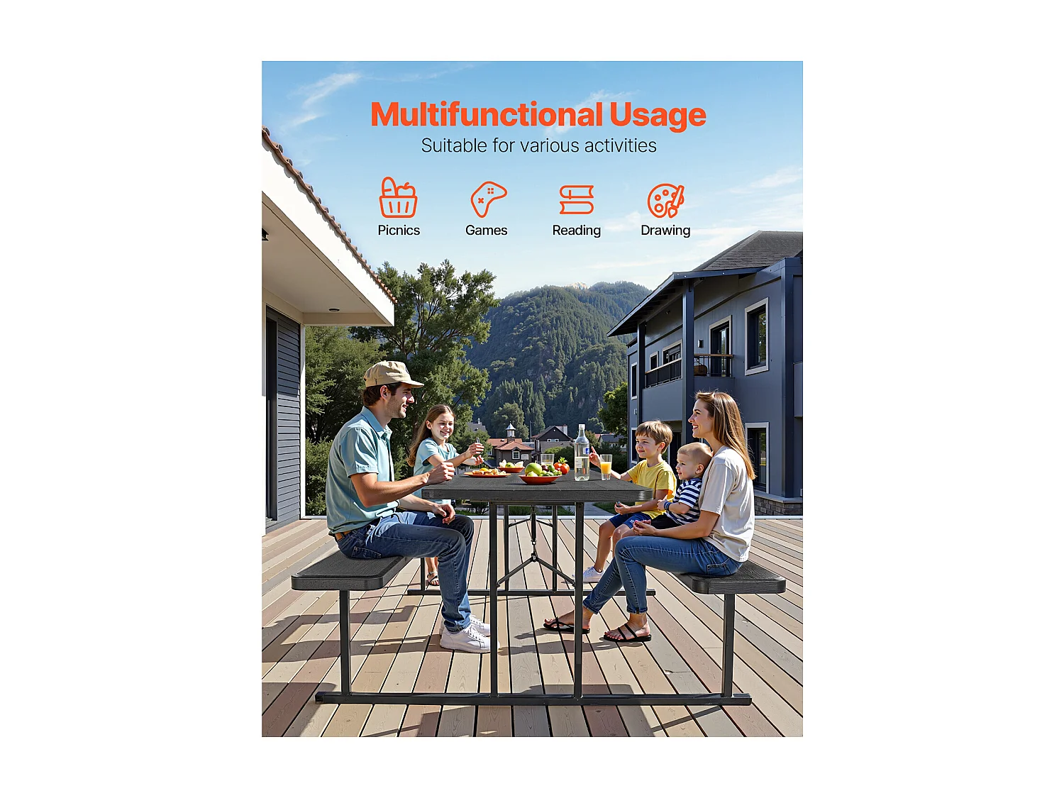 Picknicktafel, SucceBuy 1800 mm Stalen Opvouwbare Picknicktafel met Banken voor Tuin en Patio