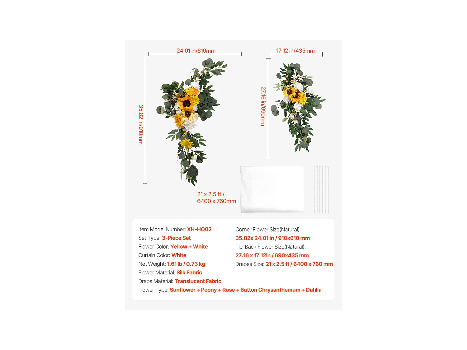 Arche de Mariage SucceBuy Kit de Fleurs Artificielles pour Arche de Mariage - Jaune, 2 Fleurs et 1 Rideau