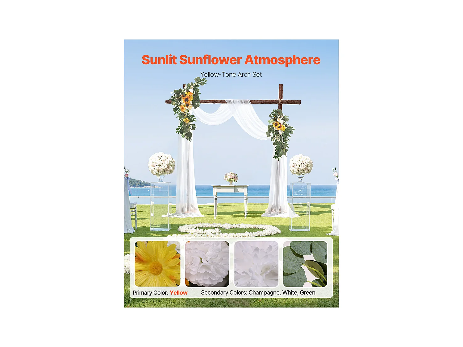 Arche de Mariage SucceBuy Kit de Fleurs Artificielles pour Arche de Mariage - Jaune, 2 Fleurs et 1 Rideau