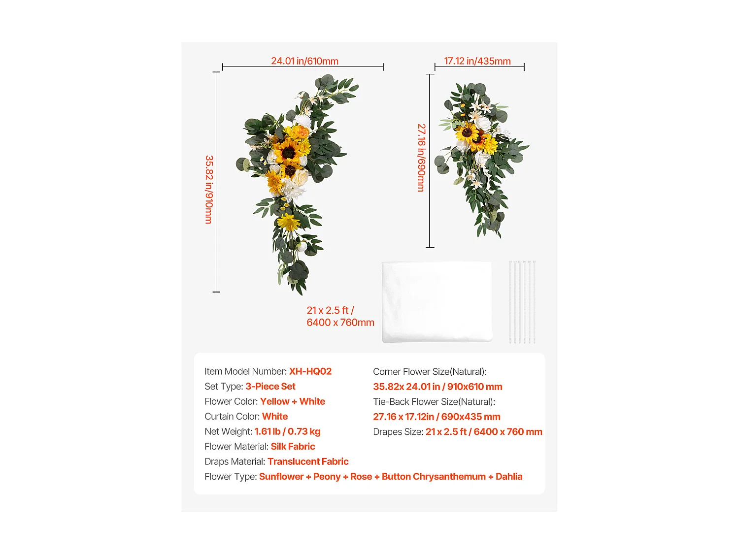 Arche de Mariage SucceBuy Kit de Fleurs Artificielles pour Arche de Mariage - Jaune, 2 Fleurs et 1 Rideau