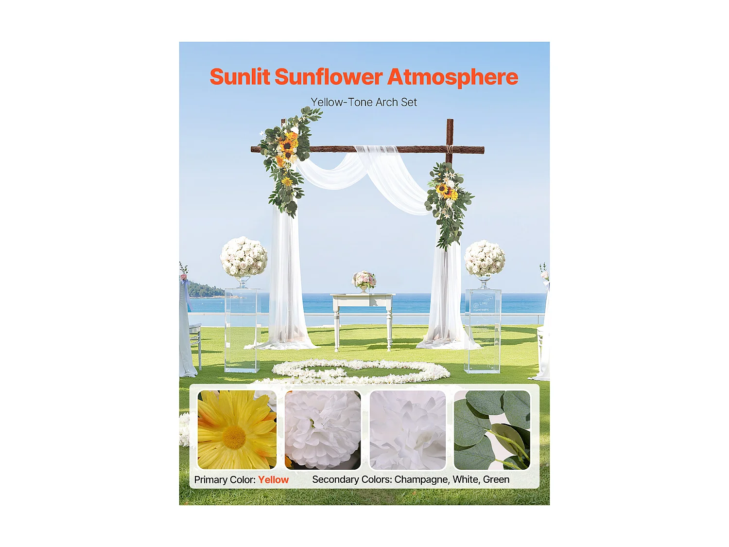 Arche de Mariage SucceBuy Kit de Fleurs Artificielles pour Arche de Mariage - Jaune, 2 Fleurs et 1 Rideau