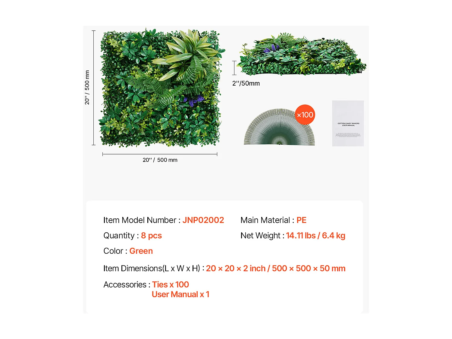 Panneaux Artificiels, SucceBuy Lot de 8 Panneaux Muraux en Gazon Artificiel, 50 × 50 cm, Verdure 3D pour une Décoration Intime