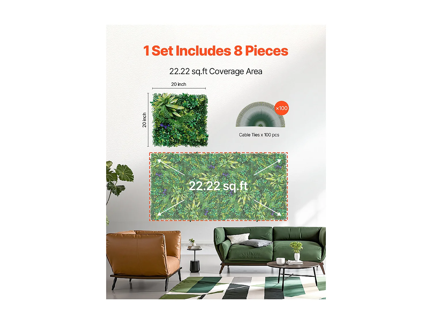 Panneaux Artificiels, SucceBuy Lot de 8 Panneaux Muraux en Gazon Artificiel, 50 × 50 cm, Verdure 3D pour une Décoration Intime