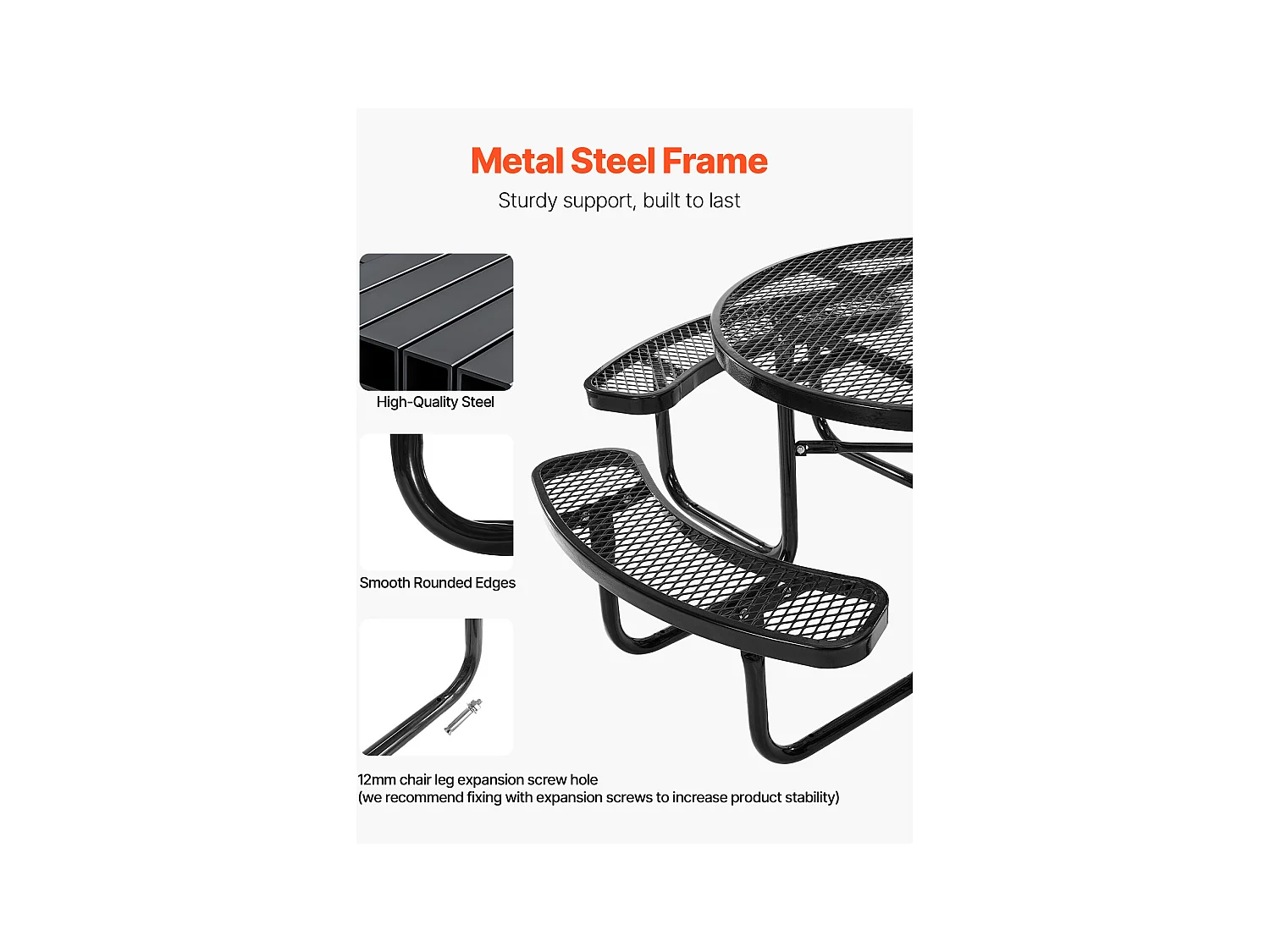 Table de Pique-Nique, SucceBuy Table de Pique-Nique en Acier Durable avec Bancs Intégrés pour Extérieur