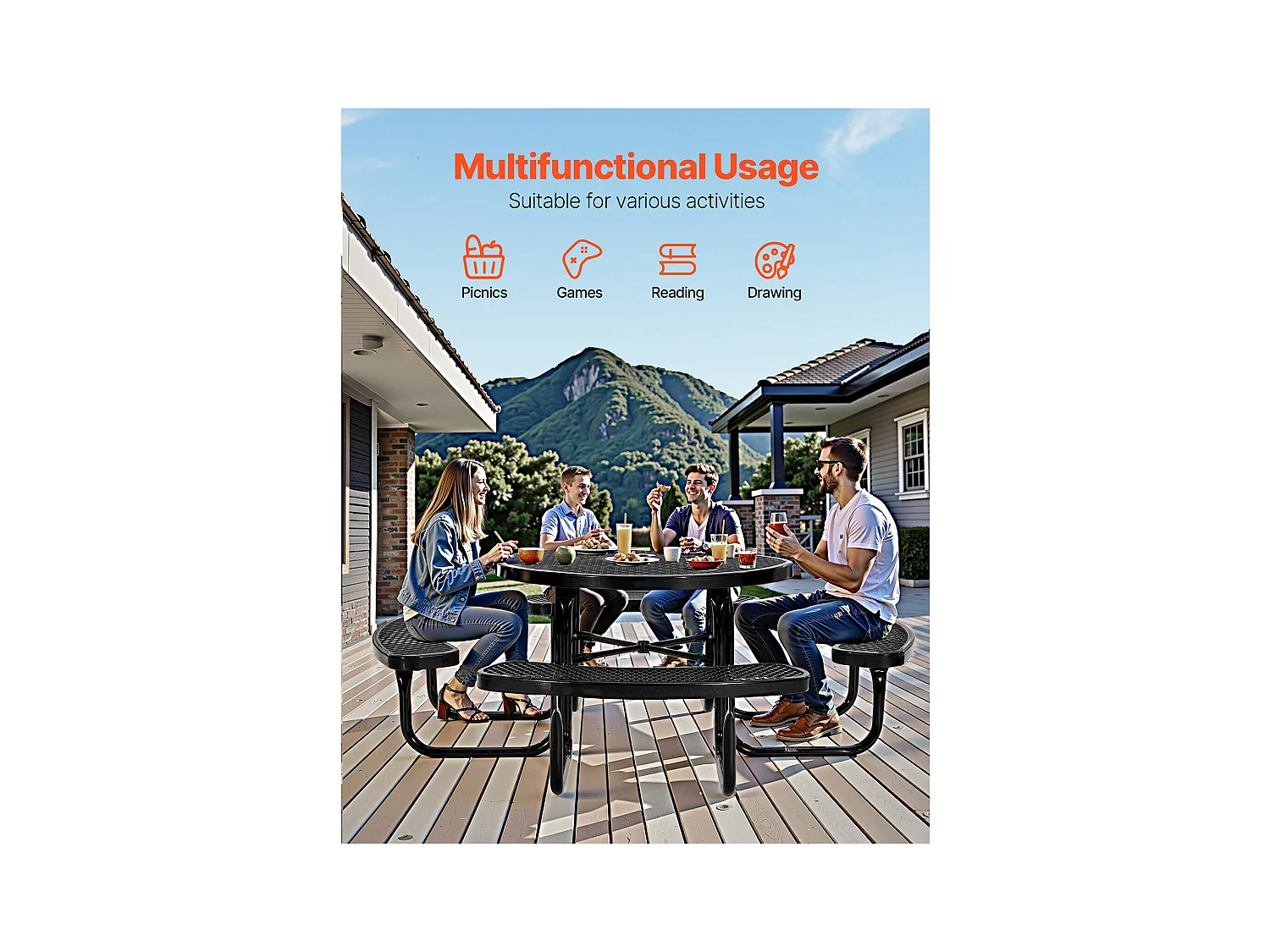 Table de Pique-Nique, SucceBuy Table de Pique-Nique en Acier Durable avec Bancs Intégrés pour Extérieur