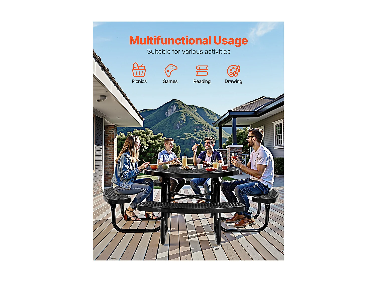 Table de Pique-Nique, SucceBuy Table de Pique-Nique en Acier Durable avec Bancs Intégrés pour Extérieur