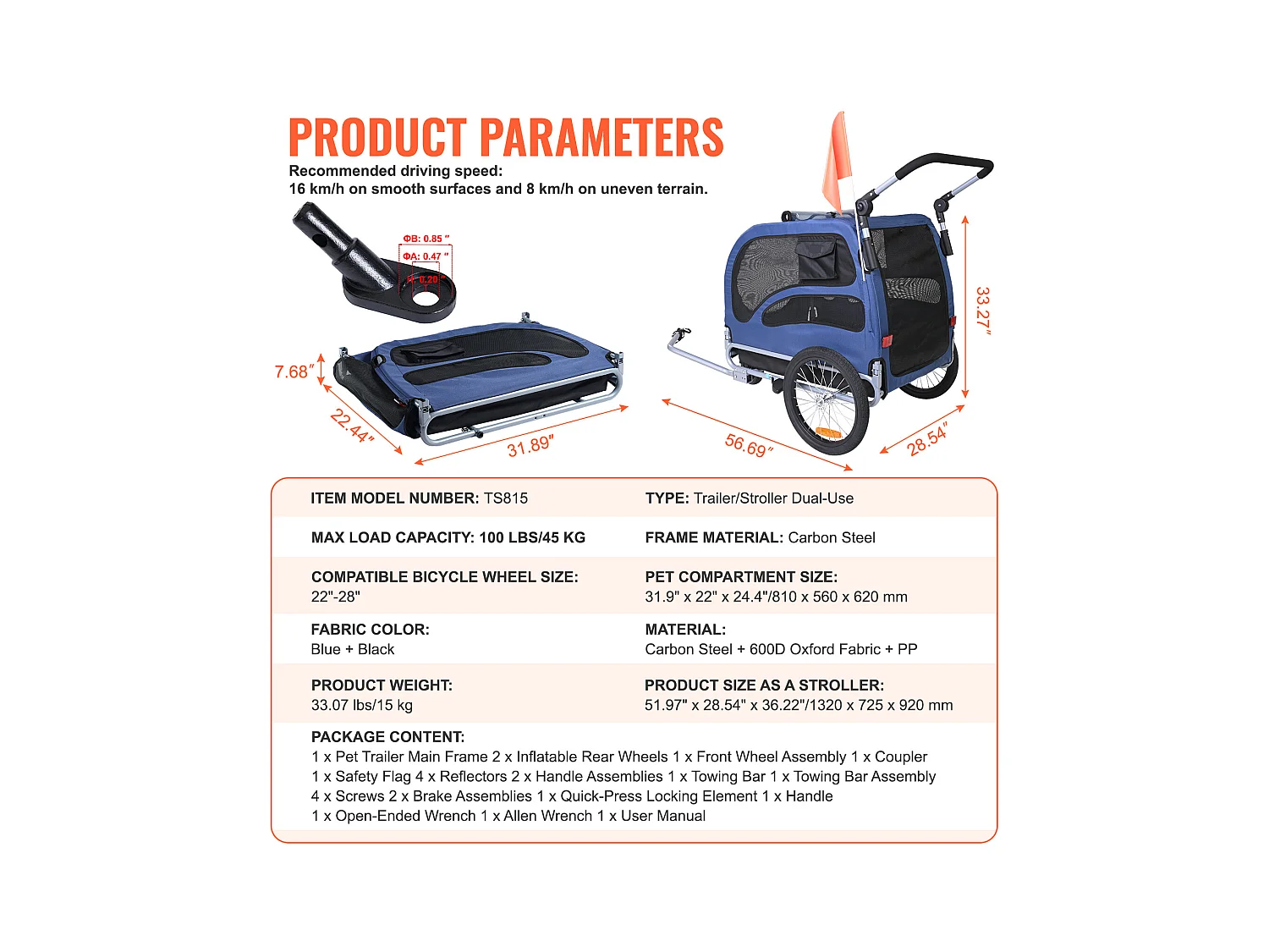 Remorque et Poussette SucceBuy, pour Animaux de Compagnie, Porte-Chien et Chat, Charge de 45 kg, Résistant à L'eau