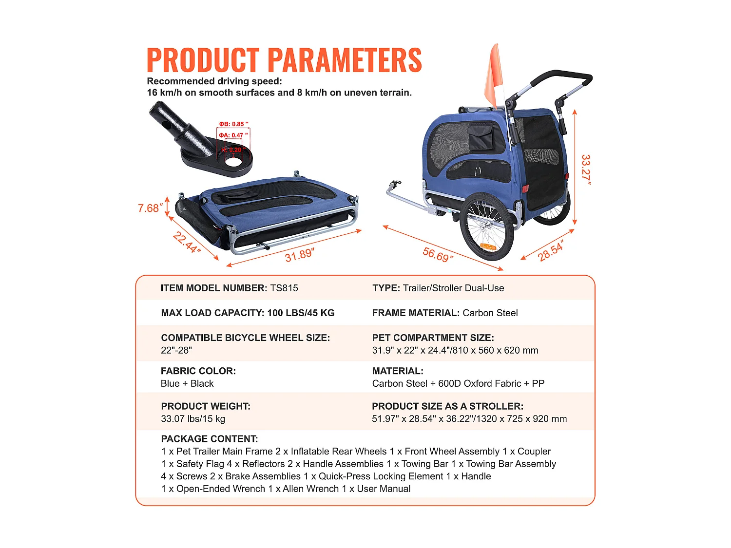 Remorque et Poussette SucceBuy, pour Animaux de Compagnie, Porte-Chien et Chat, Charge de 45 kg, Résistant à L'eau
