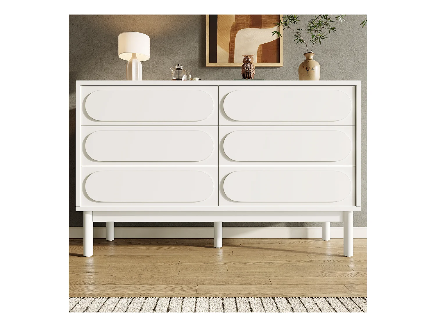 Witte ladekast met driedimensionaal design, MDF, 6 lades, verstelbare poten (120x40x75 cm)