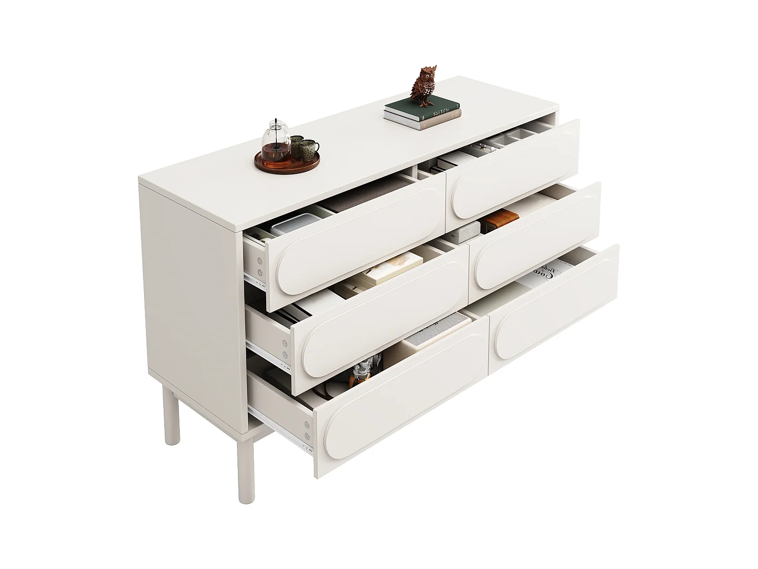 Witte ladekast met driedimensionaal design, MDF, 6 lades, verstelbare poten (120x40x75 cm)