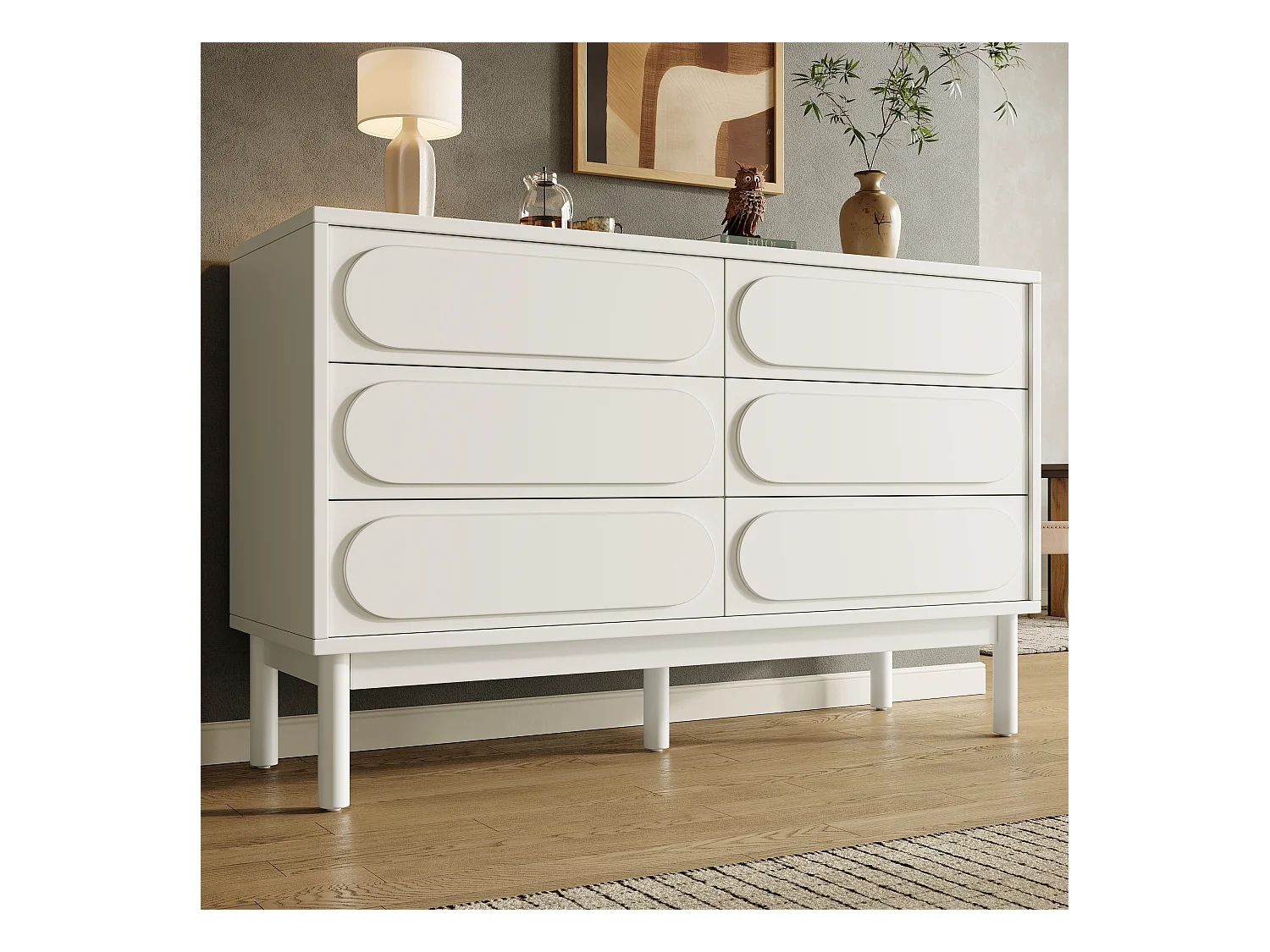 Commode blanche avec design tridimensionnel, MDF, 6 tiroirs, pieds réglables (120x40x75 cm)
