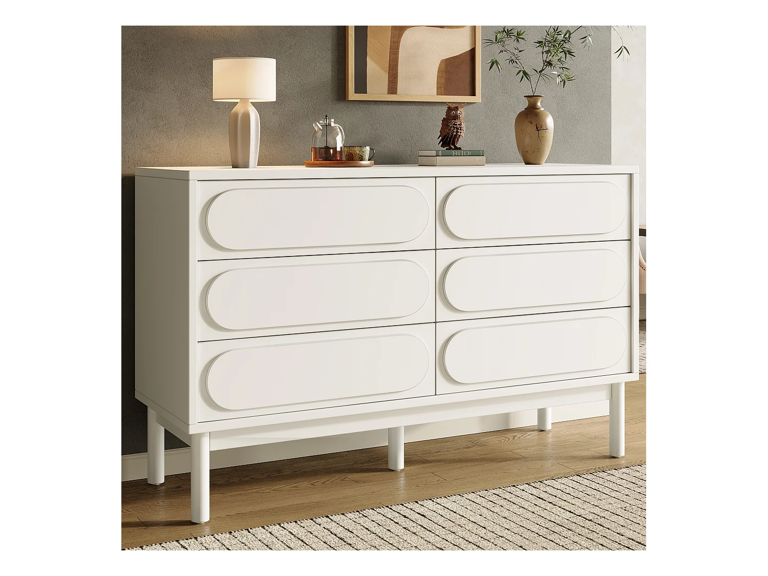 Commode blanche avec design tridimensionnel, MDF, 6 tiroirs, pieds réglables (120x40x75 cm)