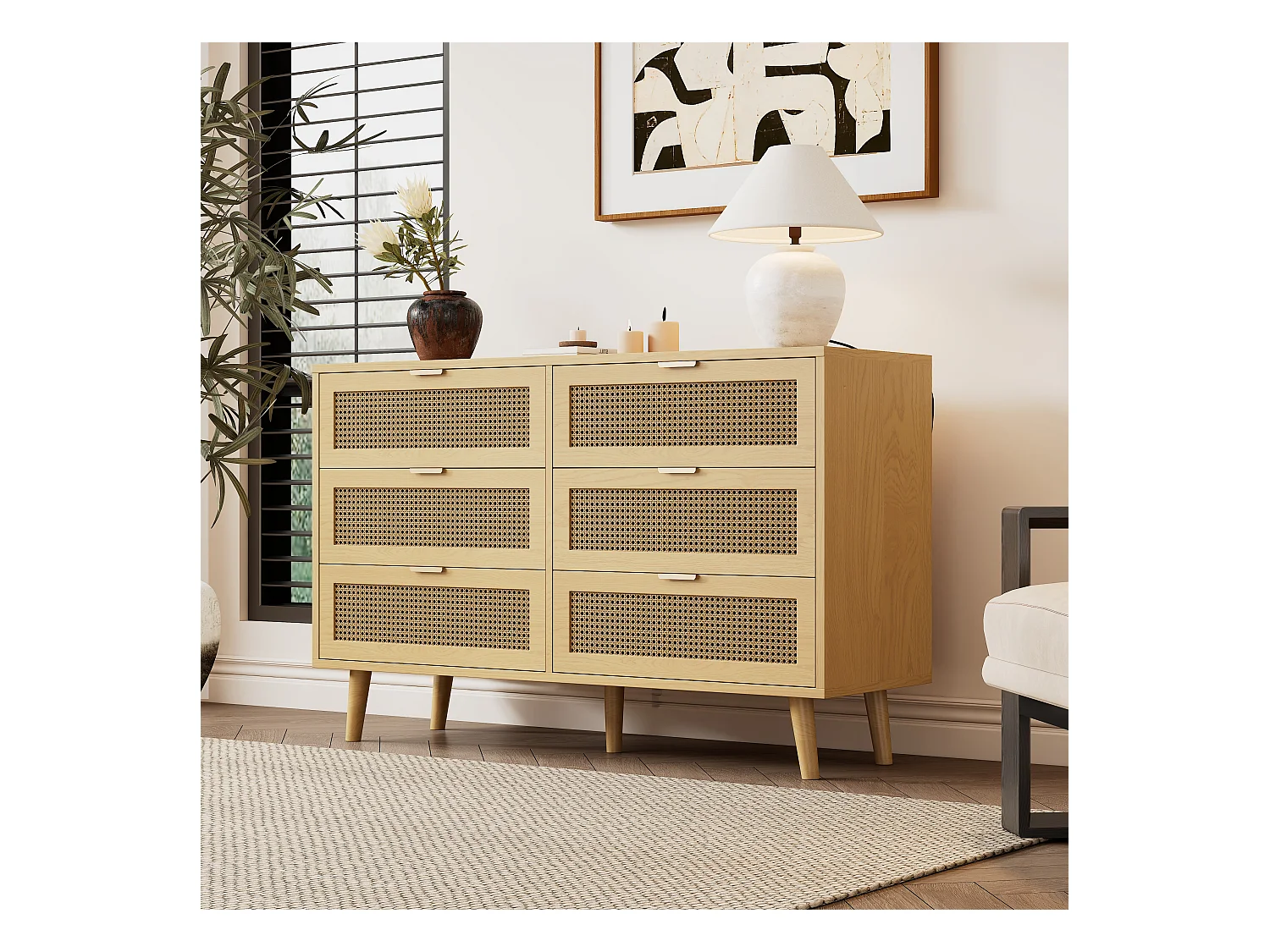 Ladekast met 6 laden, houten meubel, metalen deuren en handgrepen, voor slaapkamer, woonkamer, kantoor, wit, (120x40x76,5 cm)