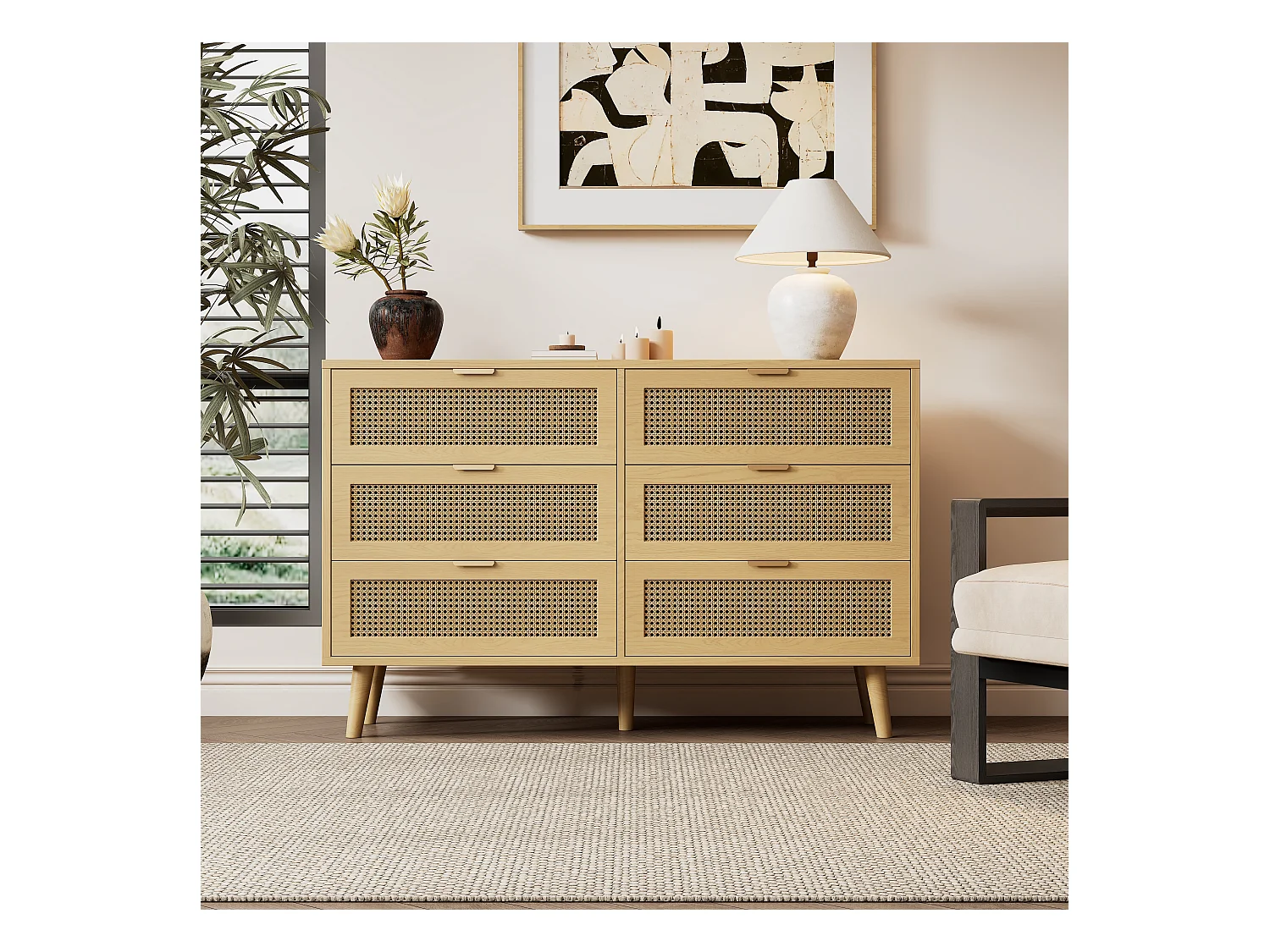 Ladekast met 6 laden, houten meubel, metalen deuren en handgrepen, voor slaapkamer, woonkamer, kantoor, wit, (120x40x76,5 cm)