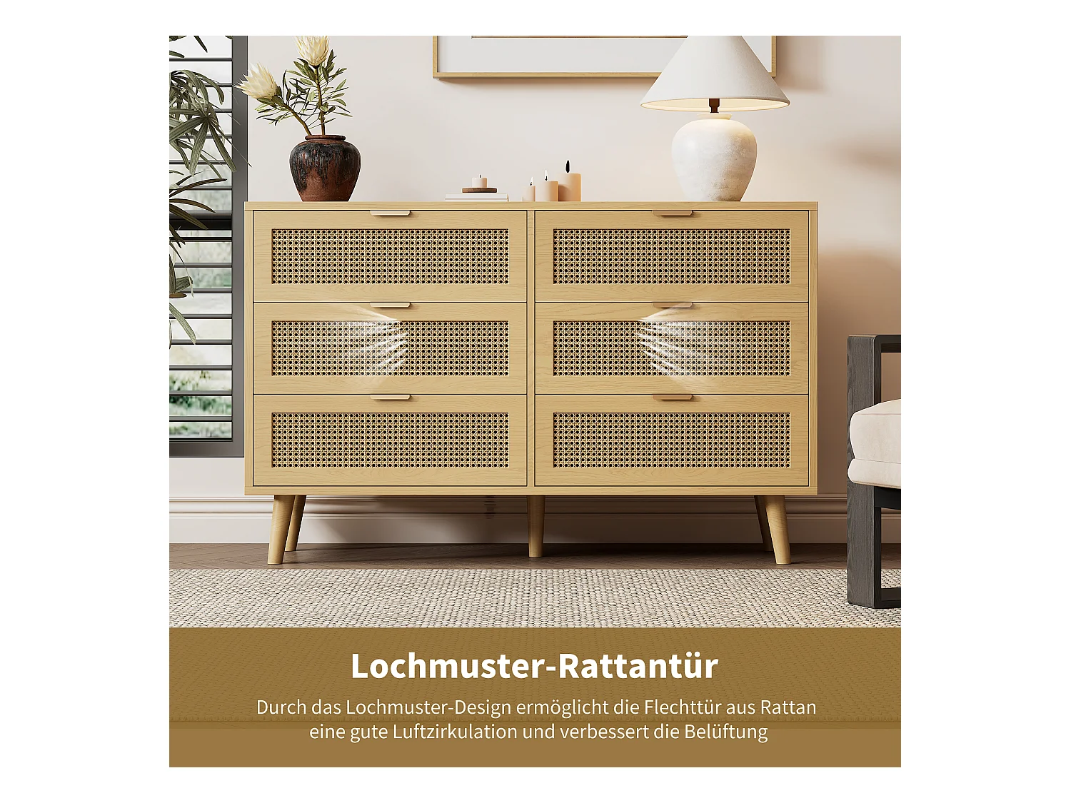 Ladekast met 6 laden, houten meubel, metalen deuren en handgrepen, voor slaapkamer, woonkamer, kantoor, wit, (120x40x76,5 cm)