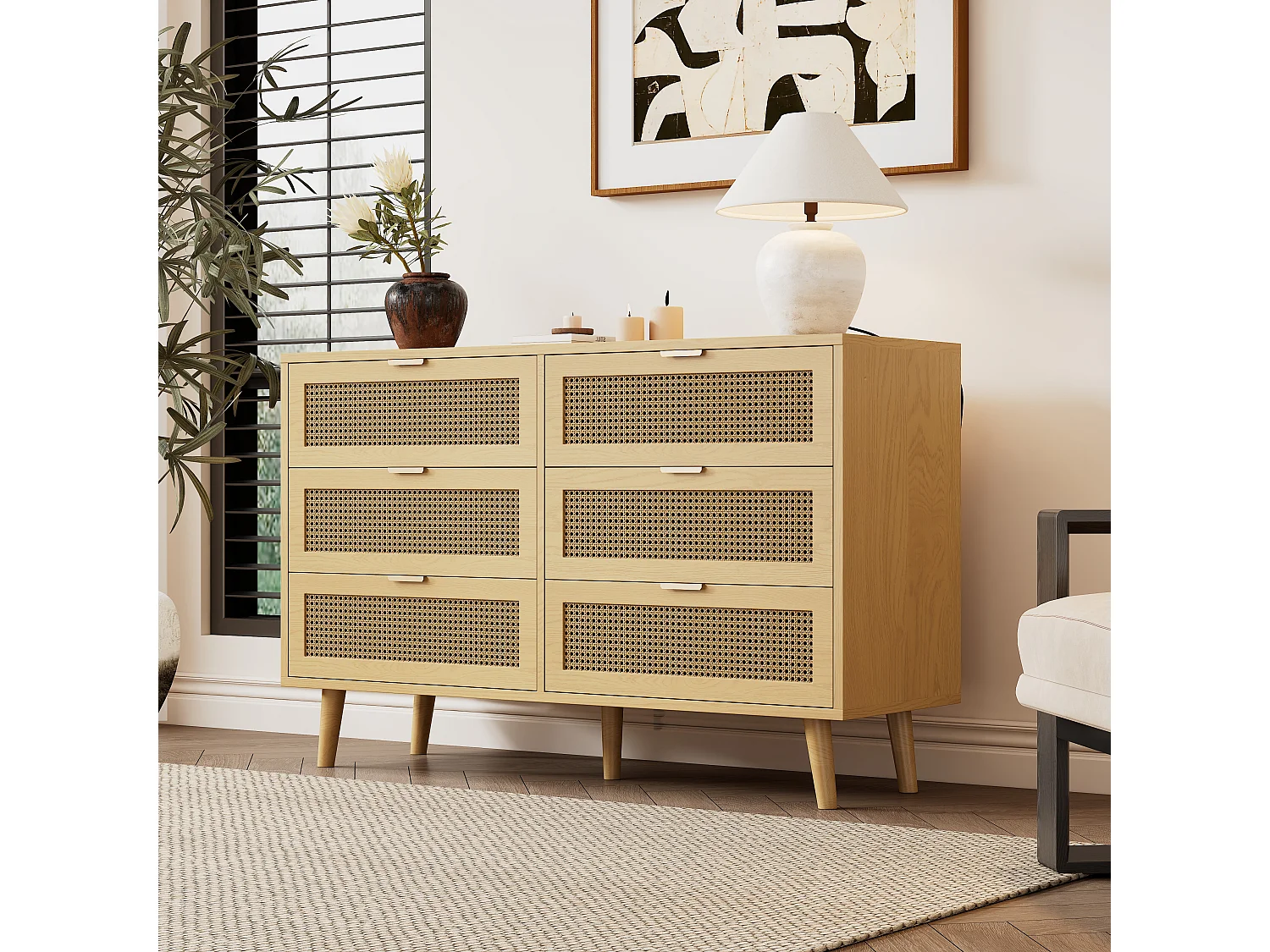 Cassettiera con 6 cassetti, mobile in legno, ante e maniglie in metallo, per camera da letto, soggiorno, ufficio, bianco, (120x40x76,5 cm)