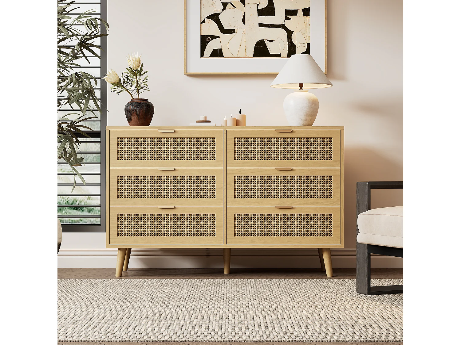 Cassettiera con 6 cassetti, mobile in legno, ante e maniglie in metallo, per camera da letto, soggiorno, ufficio, bianco, (120x40x76,5 cm)