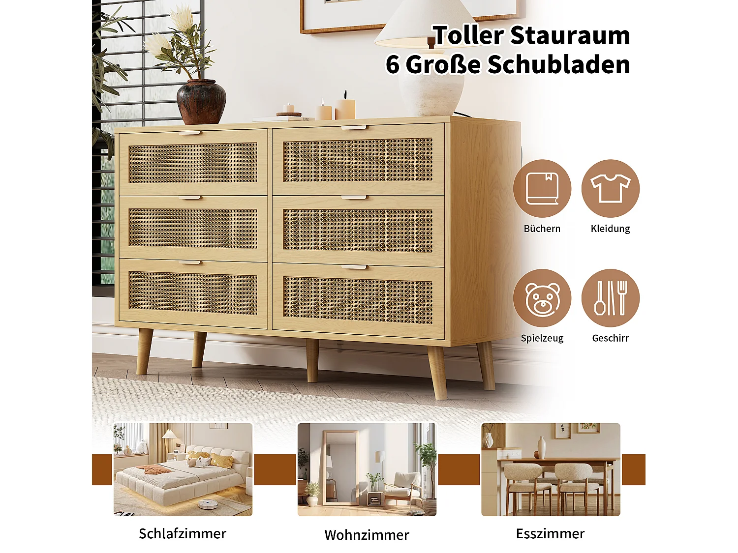 Cassettiera con 6 cassetti, mobile in legno, ante e maniglie in metallo, per camera da letto, soggiorno, ufficio, bianco, (120x40x76,5 cm)