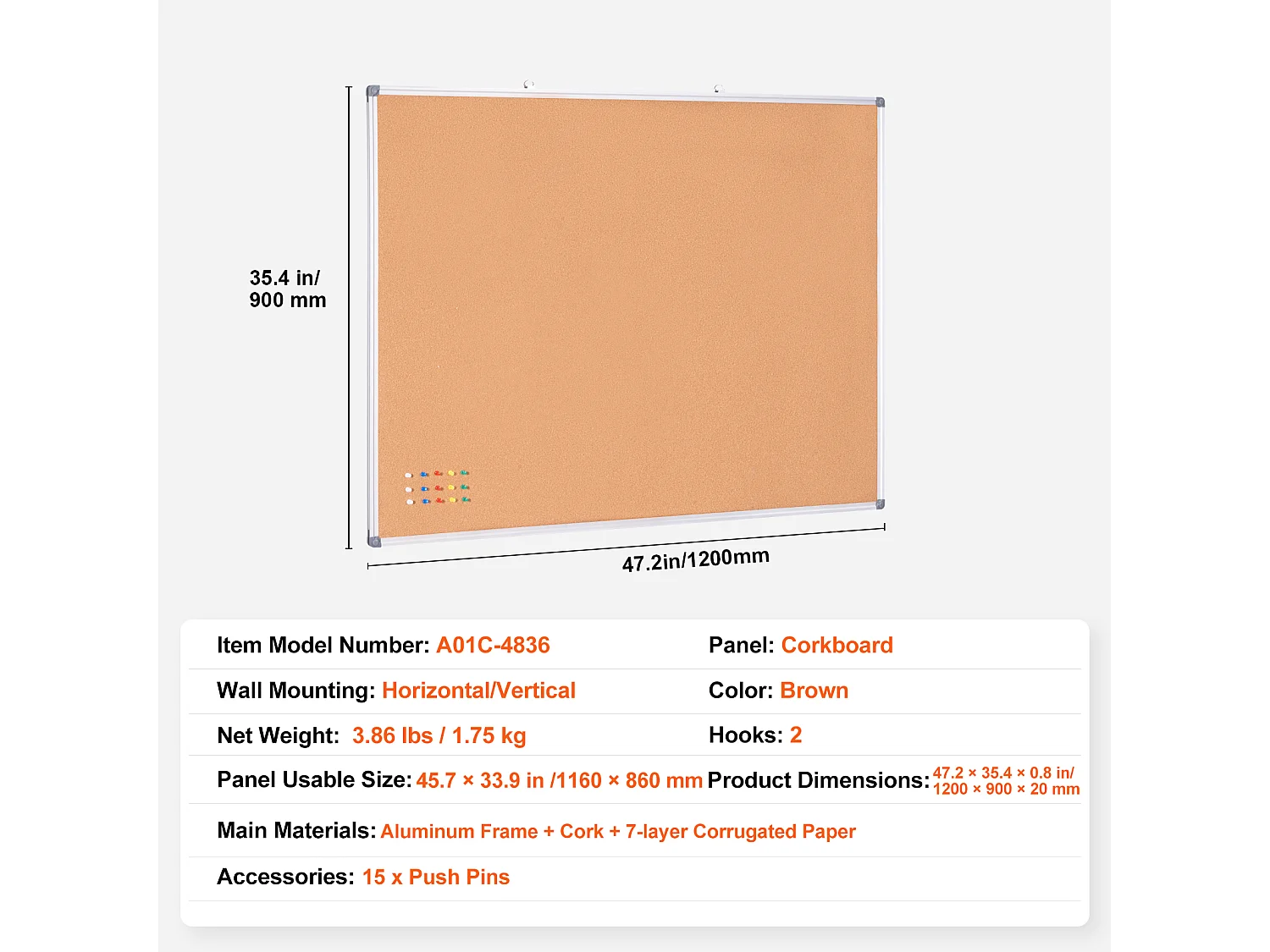 Kurkbord SucceBuy Groot Prikbord 121,92 cm x 91,44 cm - Wandgemonteerd Prikbord met Mededelingenbord