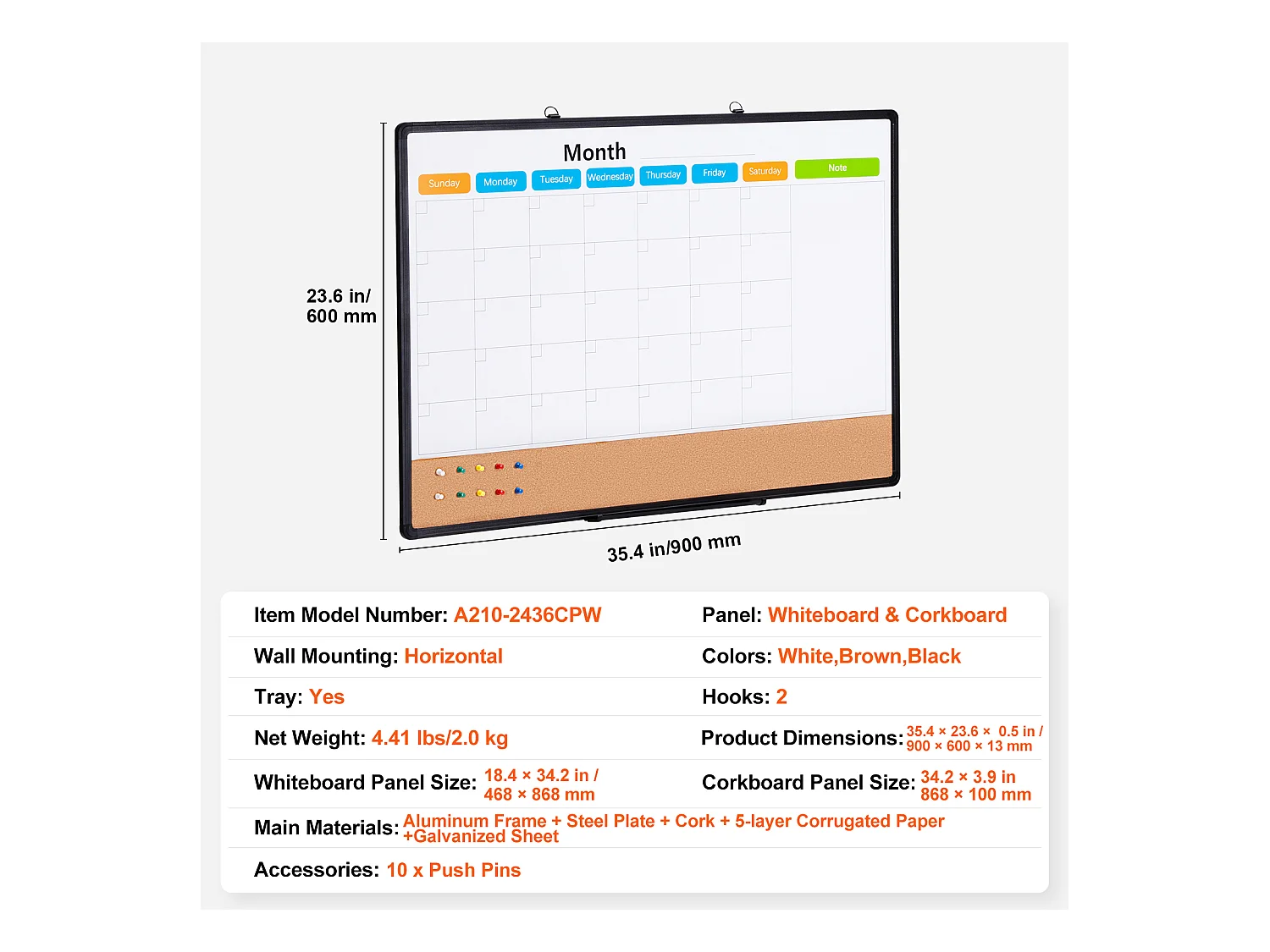 Tableau en Liège SucceBuy 91.44cm x 60.96cm Calendario Mensile Lavagna Bianca e Bacheca in Sughero Combo per Casa, Ufficio