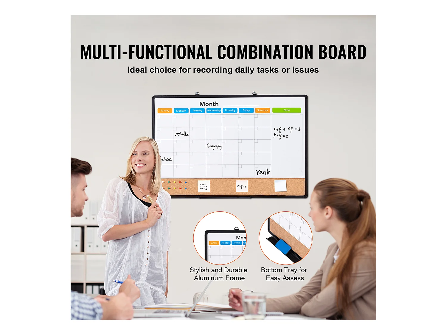 Tableau en Liège SucceBuy 91.44cm x 60.96cm Calendario Mensile Lavagna Bianca e Bacheca in Sughero Combo per Casa, Ufficio