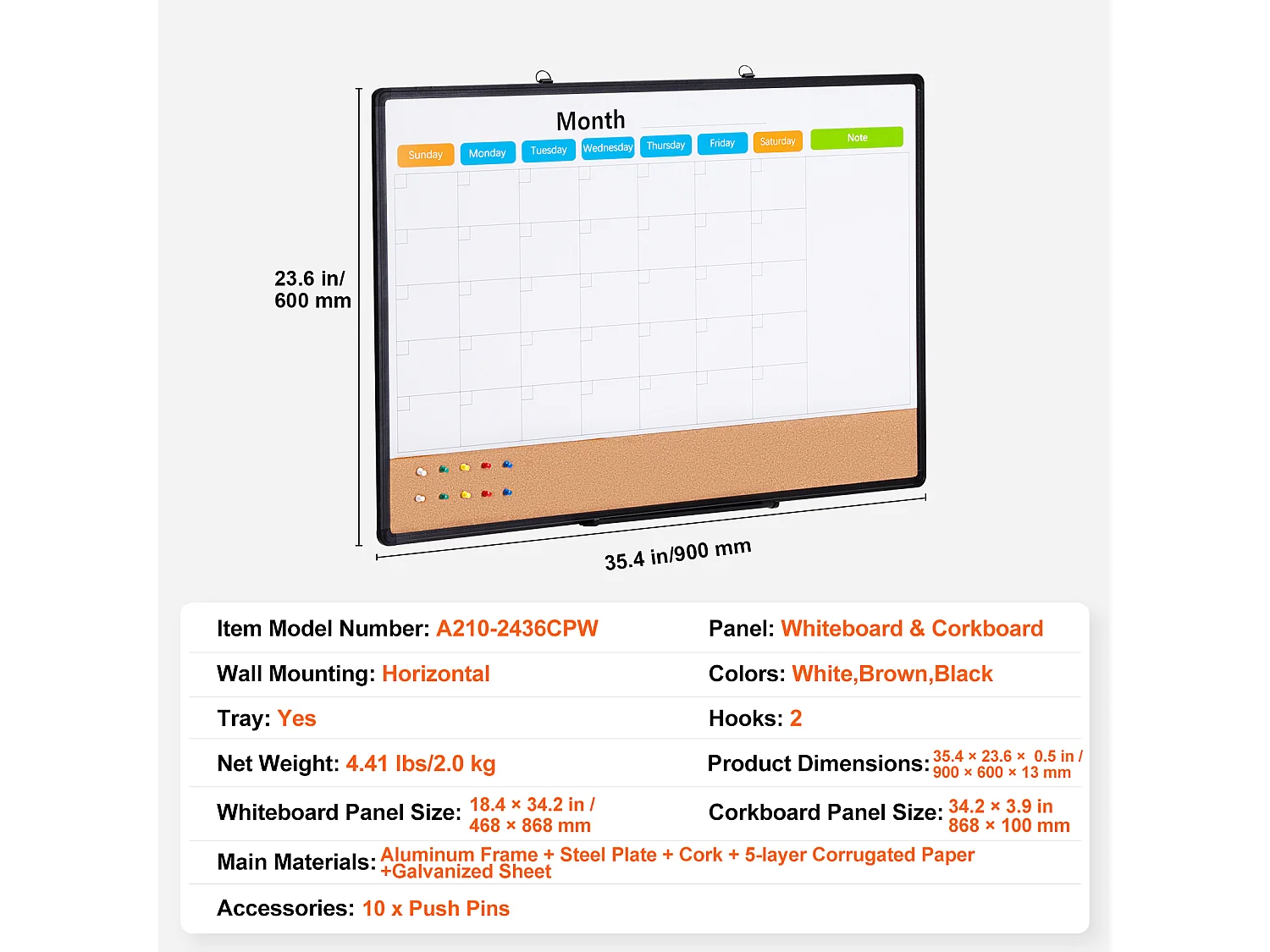 Tableau en Liège SucceBuy 91.44cm x 60.96cm Calendario Mensile Lavagna Bianca e Bacheca in Sughero Combo per Casa, Ufficio