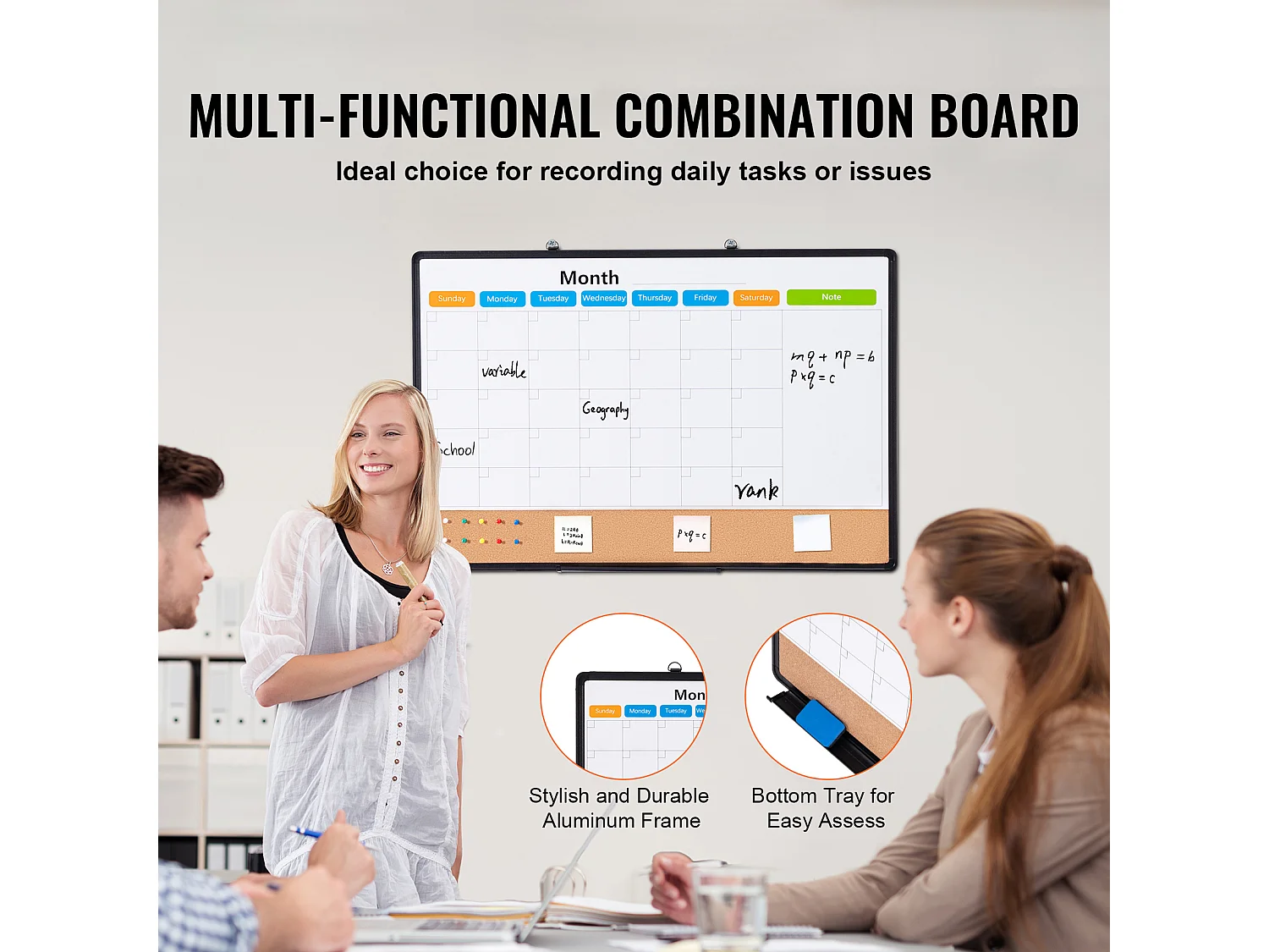 Tableau en Liège SucceBuy 91.44cm x 60.96cm Calendario Mensile Lavagna Bianca e Bacheca in Sughero Combo per Casa, Ufficio