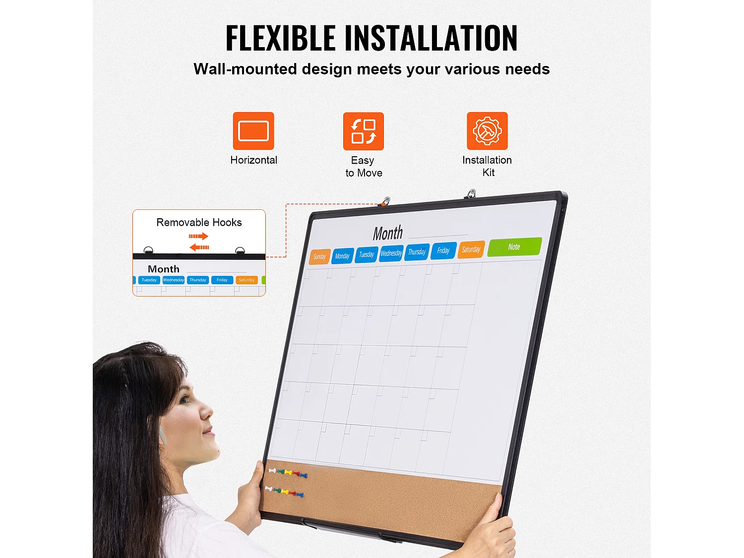 Tableau en Liège SucceBuy 91.44cm x 60.96cm Calendario Mensile Lavagna Bianca e Bacheca in Sughero Combo per Casa, Ufficio