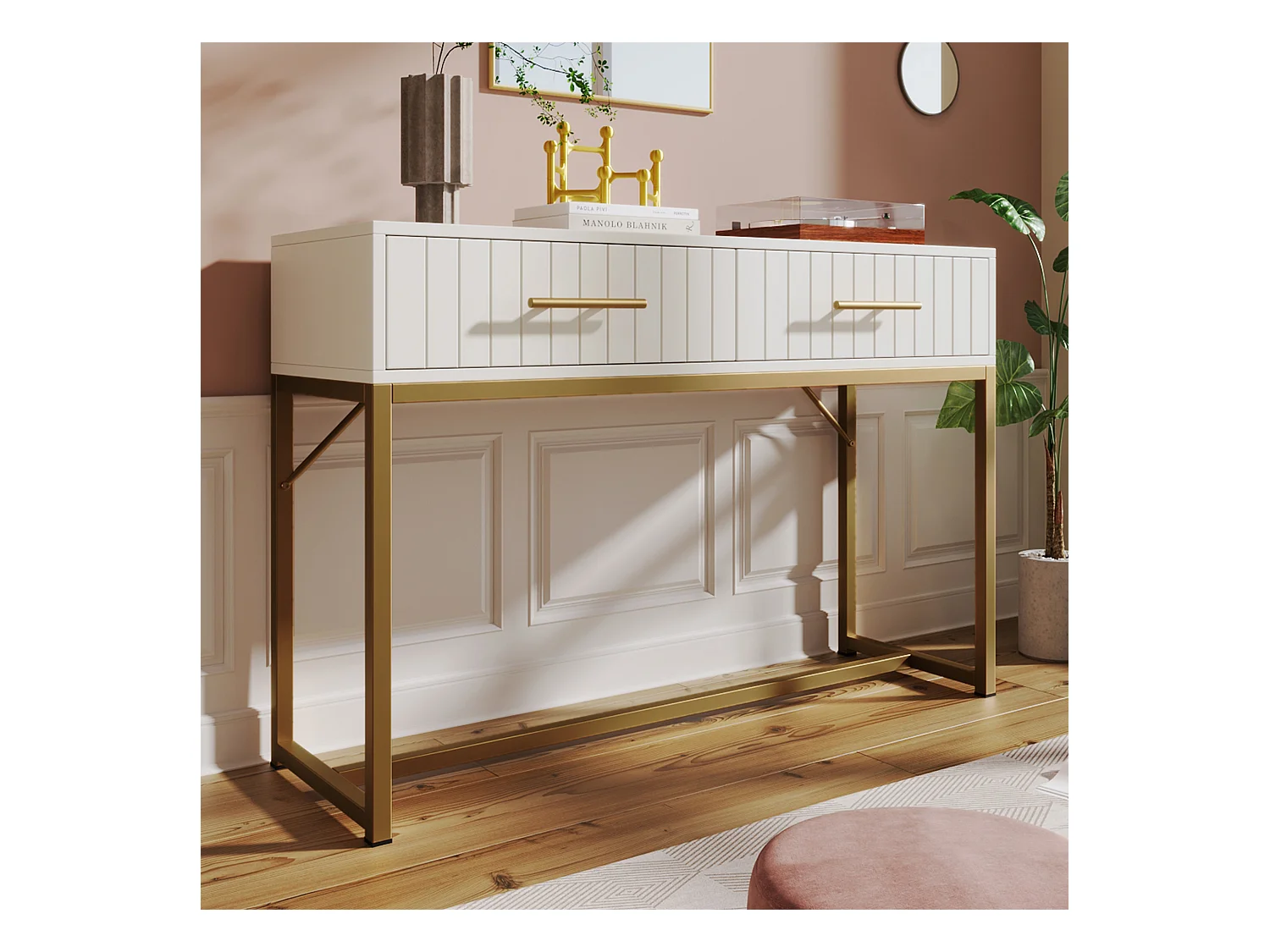 Commode avec 2 tiroirs, design moderne, métal et bois, blanc (75x100x45 cm)