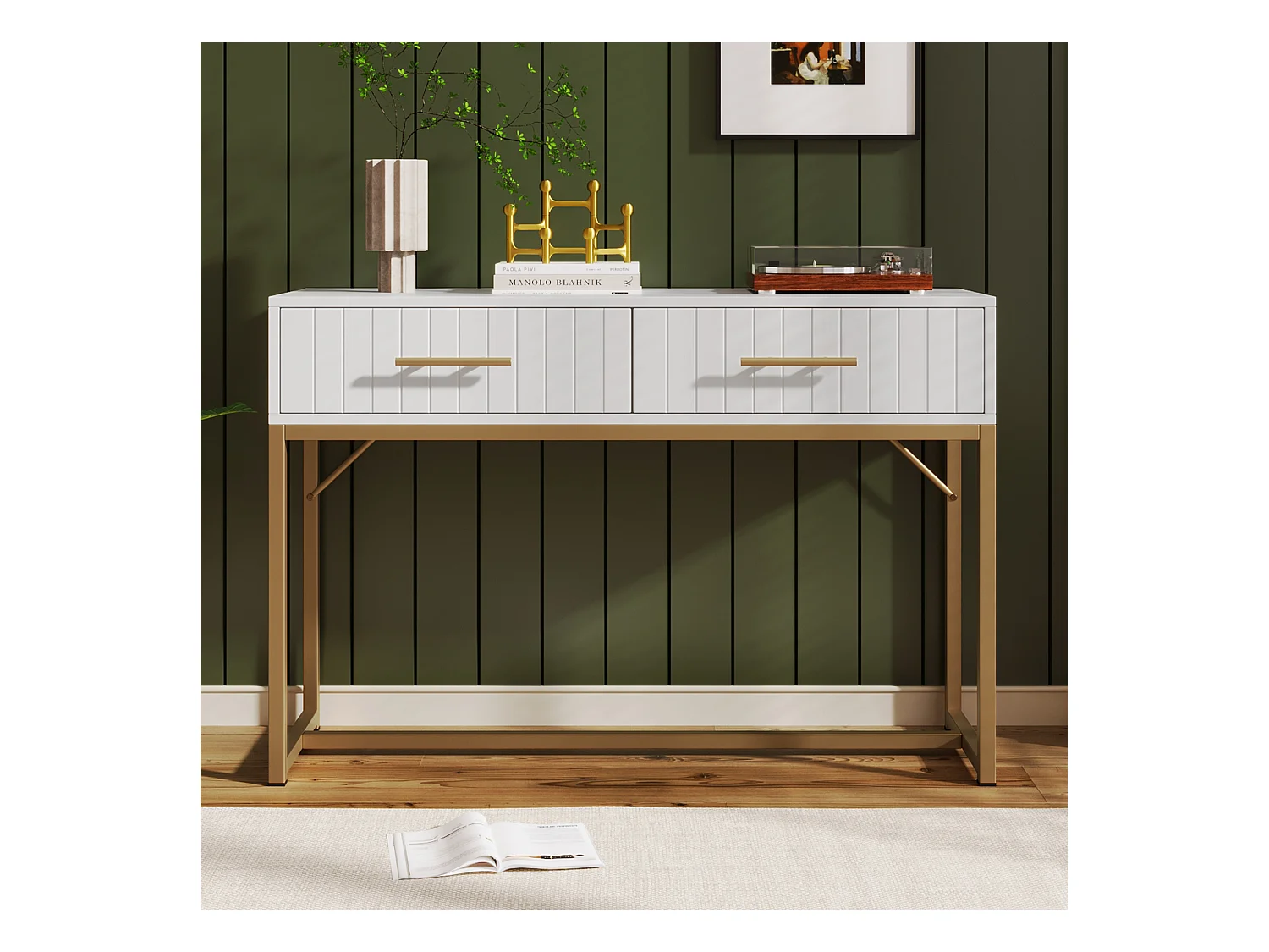 Commode avec 2 tiroirs, design moderne, métal et bois, blanc (75x100x45 cm)
