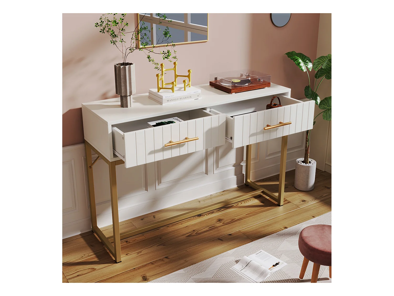 Commode avec 2 tiroirs, design moderne, métal et bois, blanc (75x100x45 cm)