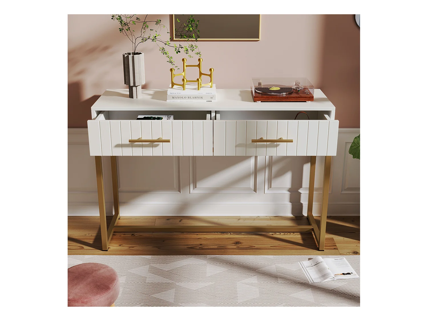 Commode avec 2 tiroirs, design moderne, métal et bois, blanc (75x100x45 cm)