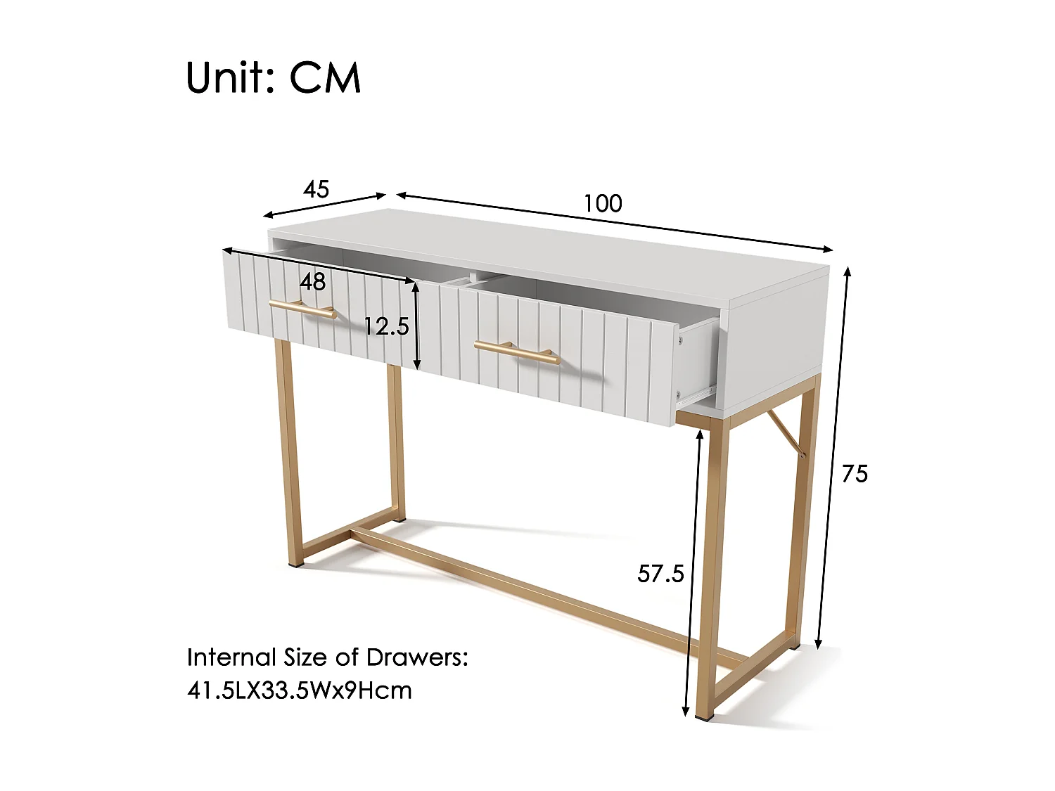 Commode avec 2 tiroirs, design moderne, métal et bois, blanc (75x100x45 cm)
