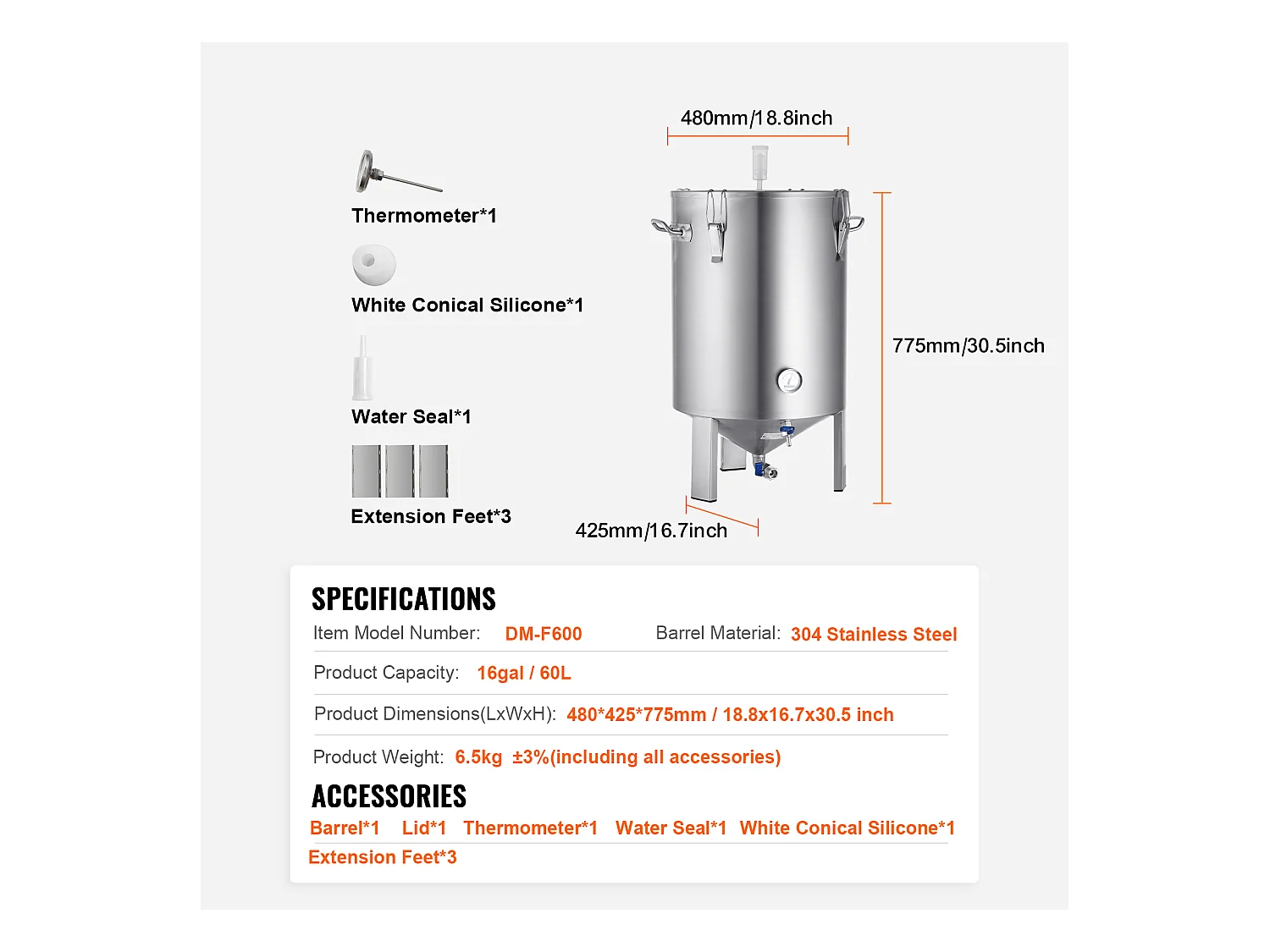 Cuve de Brassage, SucceBuy Ensemble de Cuve de Brassage Maison en Acier Inoxydable de 60 L avec Fermenteur de Bière