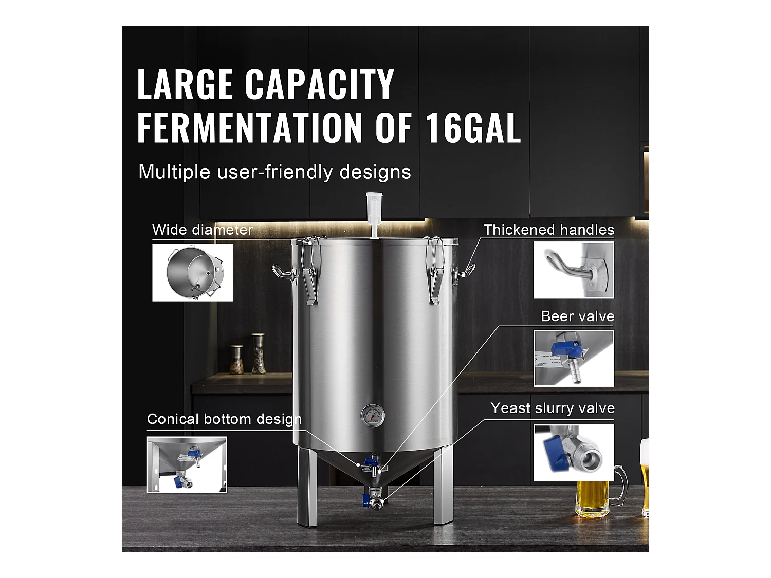 Cuve de Brassage, SucceBuy Ensemble de Cuve de Brassage Maison en Acier Inoxydable de 60 L avec Fermenteur de Bière