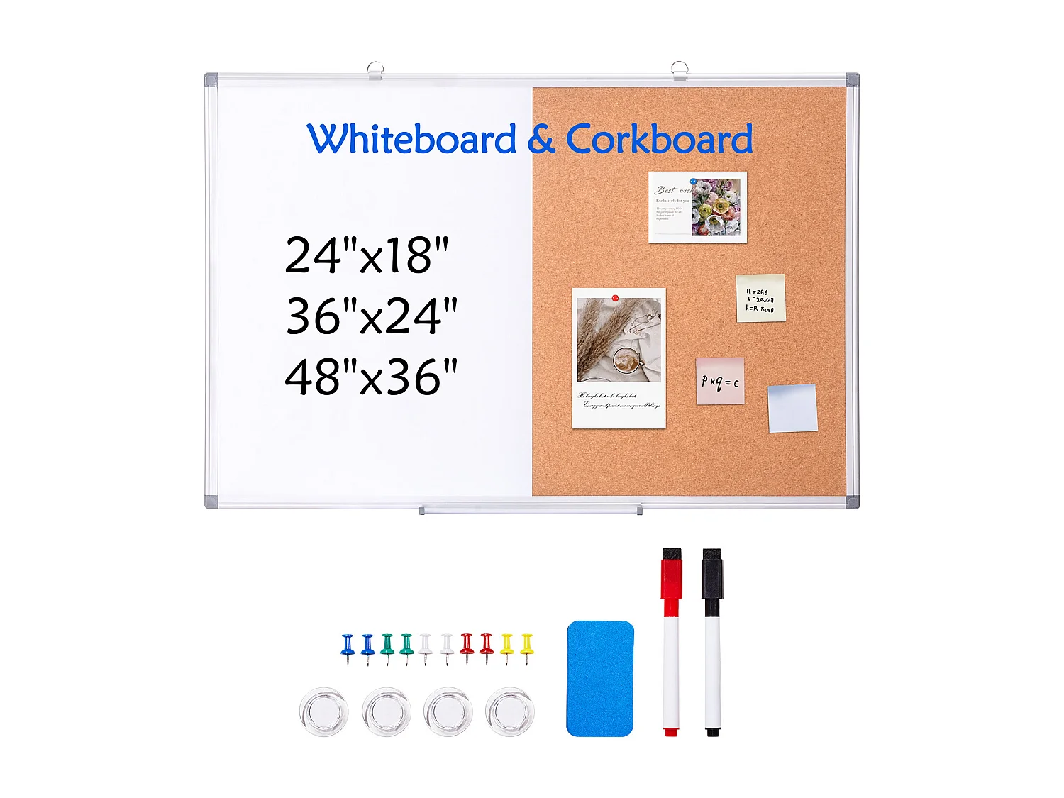 Tablero de Corcho SucceBuy Pizarra Blanca y Tablero de Corcho de 92 cm × 61 cm, Combo 2 en 1 Magnético, Lavable, Seco y de Montaje en Pared para el Hogar