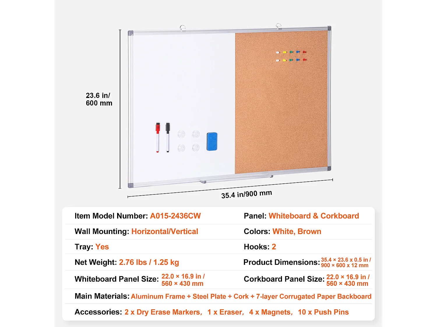 Tablero de Corcho SucceBuy Pizarra Blanca y Tablero de Corcho de 92 cm × 61 cm, Combo 2 en 1 Magnético, Lavable, Seco y de Montaje en Pared para el Hogar