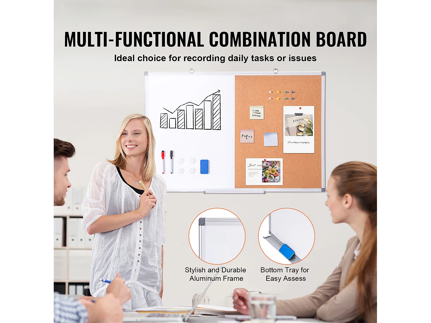 Tablero de Corcho SucceBuy Pizarra Blanca y Tablero de Corcho de 92 cm × 61 cm, Combo 2 en 1 Magnético, Lavable, Seco y de Montaje en Pared para el Hogar