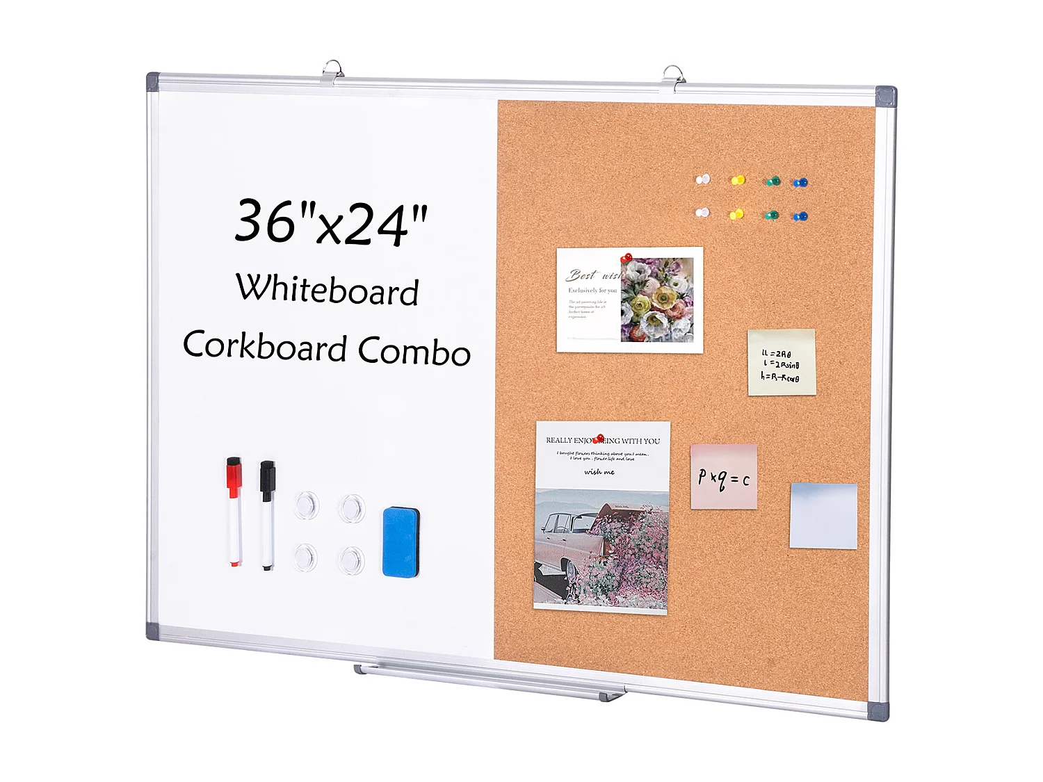 Tablero de Corcho SucceBuy Pizarra Blanca y Tablero de Corcho de 92 cm × 61 cm, Combo 2 en 1 Magnético, Lavable, Seco y de Montaje en Pared para el Hogar