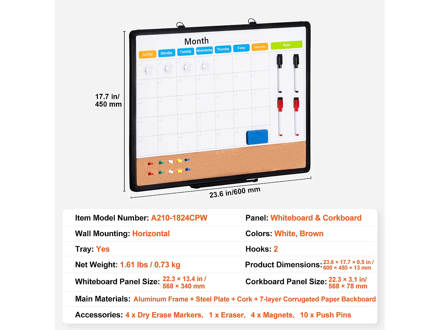 Tablica Korkowa SucceBuy 60,96 cm x 45,72 cm Miesięczny Kalendarz, Tablica Biała i Tablica Korkowa Combo do Domu, Biura