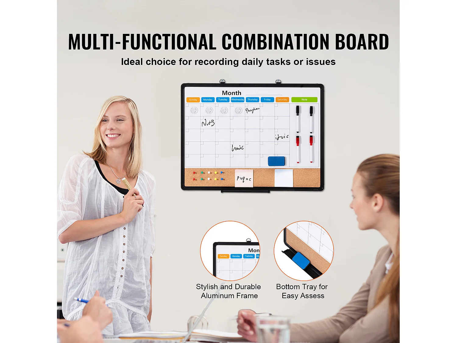 Tablica Korkowa SucceBuy 60,96 cm x 45,72 cm Miesięczny Kalendarz, Tablica Biała i Tablica Korkowa Combo do Domu, Biura