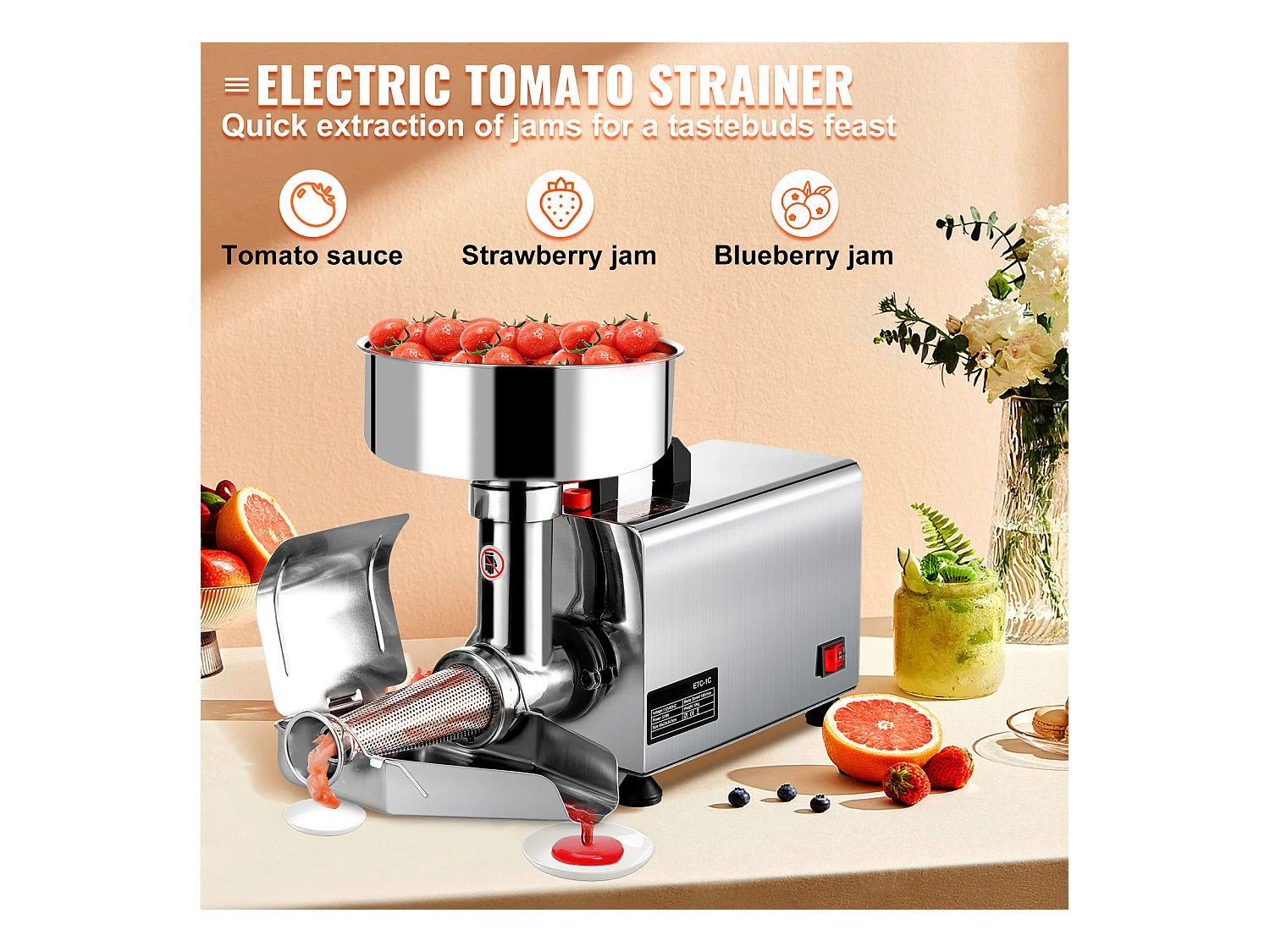 Espremedor De Tomates Elétrico SucceBuy Espremedor De Tomates Elétrico 370 W, Picadora Em Aço Inoxidável, Peneira Alimentar E Máquina De Molho