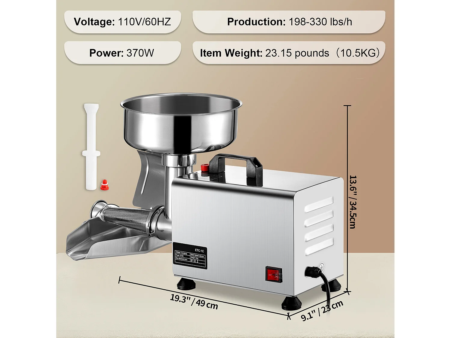Presse Tomates électrique SucceBuy Passoire à Tomates électrique 370 W, Fraiseuse en Acier Inoxydable, Passoire Alimentaire et Machine à Sauce