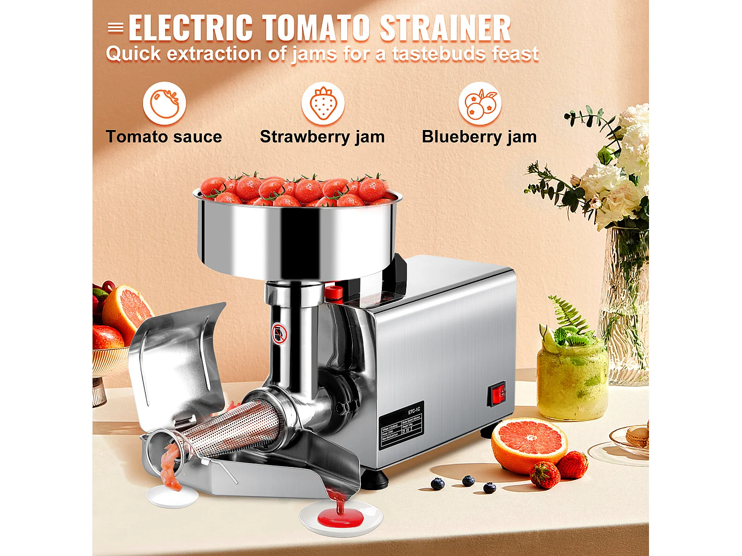 Presse Tomates électrique SucceBuy Passoire à Tomates électrique 370 W, Fraiseuse en Acier Inoxydable, Passoire Alimentaire et Machine à Sauce