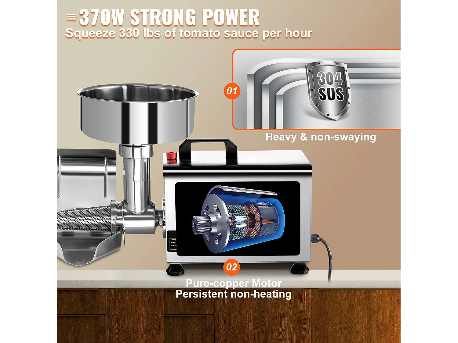 Presse Tomates électrique SucceBuy Passoire à Tomates électrique 370 W, Fraiseuse en Acier Inoxydable, Passoire Alimentaire et Machine à Sauce