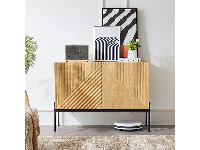 Cómoda con 2 puertas y 1 cajón, diseño minimalista, en madera, negro y natural (100x40x75 cm)